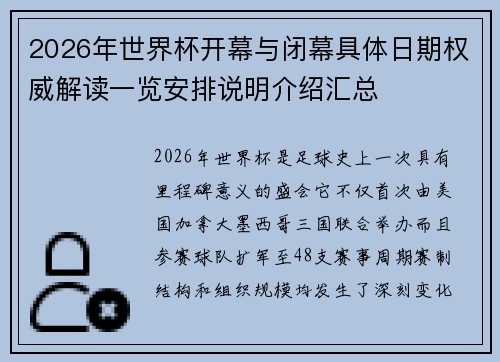 2026年世界杯开幕与闭幕具体日期权威解读一览安排说明介绍汇总 2026年世界杯开幕与闭幕具体日期权威解读一览安排说明介绍汇总